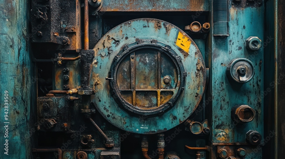 Poster close-up of a rusty and weathered industrial machine