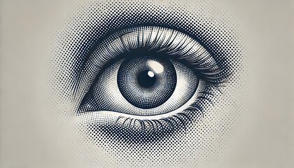 A close-up vintage halftone illustration of a human eye, capturing intricate details and symbolizing vision, perception, and artistic expression.