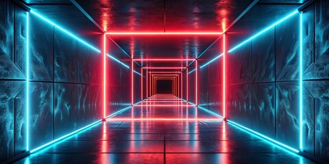 Obraz premium Neon laser pointer creating square red glow lights in futuristic dark tunnel