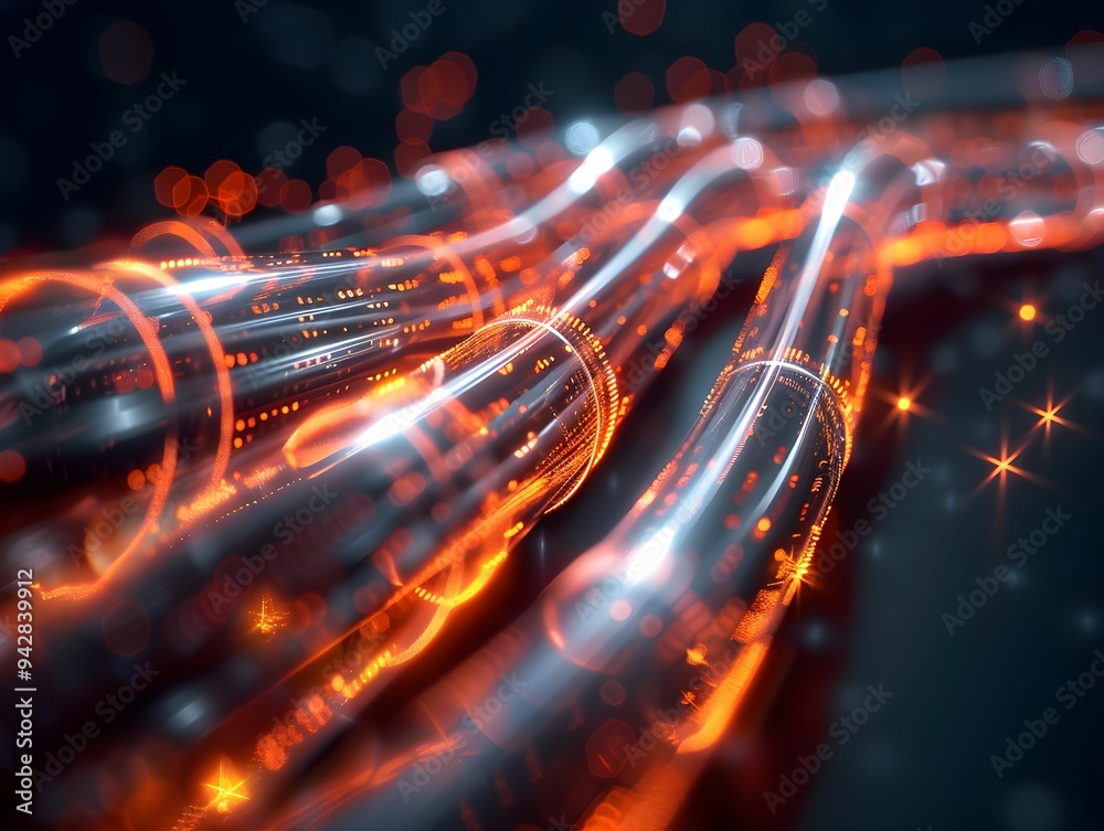 Poster glowing network cables interconnected on a dark background illustrating the flow of data in a digita