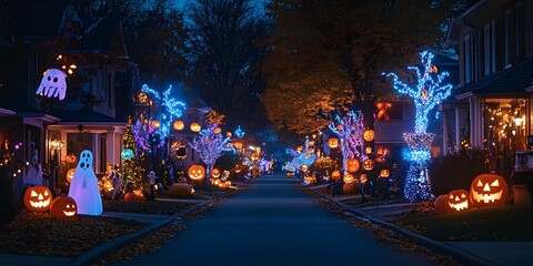 Halloween-decorated suburban street with jack-o-lanterns glowing in the evening