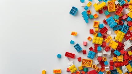 Colorful Plastic Building Blocks Scattered on White Background