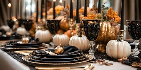 Elegant Halloween table setting with black and gold pumpkins and candles