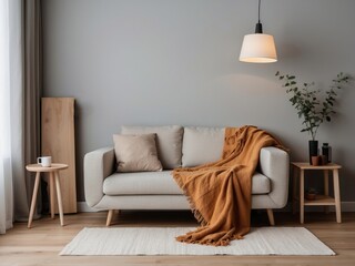 Beige Sofa with Orange Blanket and Wooden Accent Tables in a Minimalist Living Room