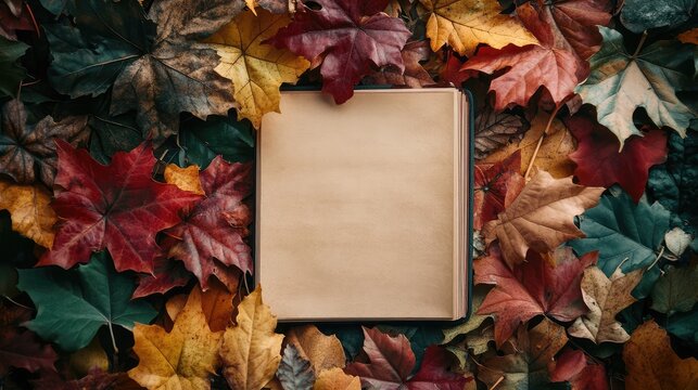 Flat lay of a page adorned with a dense spread of bright and colorful autumn leaves. - Powered by Adobe