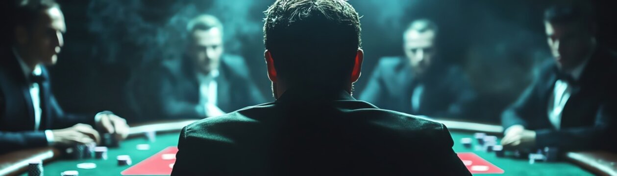 Serious man in suit with red tie sits in smoke-filled room