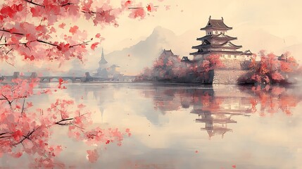 Obraz premium Japanese Castle with Cherry Blossoms in Watercolor Style.