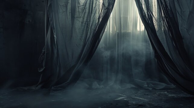 Torn curtains blowing in the wind, revealing a dark, eerie room, perfect for a chilling Halloween text overlay torn curtains, blowing wind, eerie room