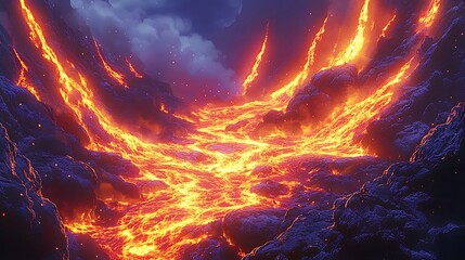 Molten Lava Flowing Through a Volcanic Valley.
