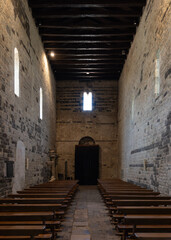 Interior of the Basilica of the Holy Trinity of Saccargia of Saccargia with no people, a famous romanesque church in Sassari in Sardinia, Italy.