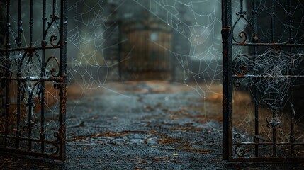 Rusty iron gate with cobwebs, creaking open to a dark path, creating a spooky atmosphere with space for Halloween text rusty gate, cobwebs, dark path