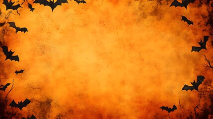 Halloween background with bats and a pumpkin on an orange textured backdrop