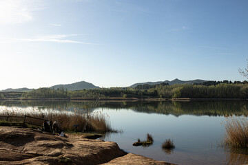 Relaxed fishermen fishing in the swamp