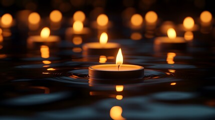 Lit candles creating a warm and tranquil atmosphere in a dimly lit room