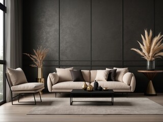 Modern living room interior with beige sofa and black walls