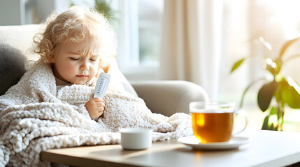 Fototapeta na wymiar RSV virus infection in child medical concept. A child recovering from RSV at home cuddled up on the couch