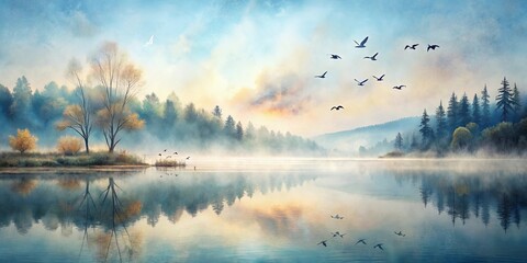 A serene watercolor painting of a misty lake landscape with birds flying