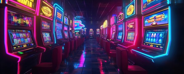 Row of brightly lit slot machines in a casino.