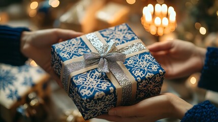 Hands exchanging a beautifully wrapped gift with silver ribbon during Hanukkah