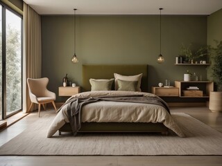 Fototapeta premium Modern Bedroom with Green Walls and Plush Bed