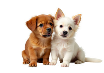 Puppy Love: Two adorable puppies, one brown and one white, sit side by side, gazing into the camera with big, innocent eyes. Their playful expressions and soft fur evoke feelings of warmth.
