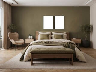 Modern Bedroom with Green Accents and Two Blank Frames