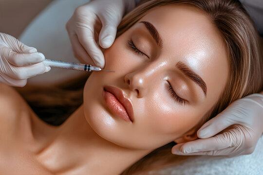 Beautiful woman receives an injection in the nasolabial folds. Botox for Forehead Lines and Wrinkles. Skin Tightening Treatment. Plasma lift procedure.