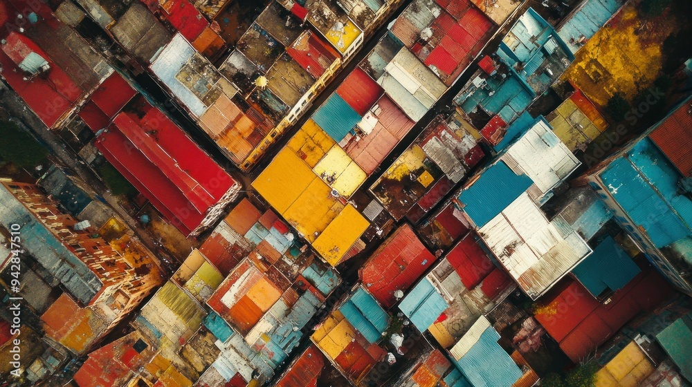 Poster aerial view of colorful rooftops in a densely populated urban area