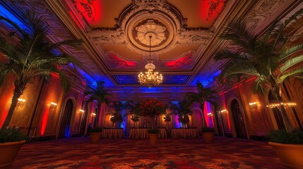 Fototapeta premium Grand Ballroom with Ornate Ceiling Design, Potted Palm Trees, and Warm Lighting Accented by Red and Blue Uplighting