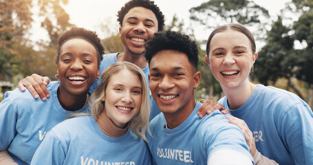 Selfie, volunteer and team of people in park together with happy support for sustainable green project. Photography, men and women in outdoor solidarity, community care and social responsibility