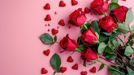 Close up of a bouquet of red roses and glitter hearts on a pink background.
