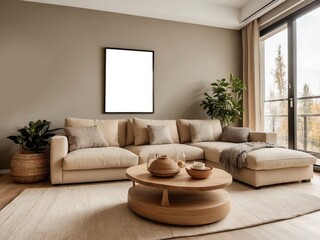 Modern Living Room with Beige Sectional Sofa and Wooden Coffee Table