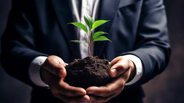 a businessman in suit holding a small sapling plant growing out of dirt, ESG Environmental, social, and corporate governance, Sustainability-Linked Bond SLB concept, Generative Ai.