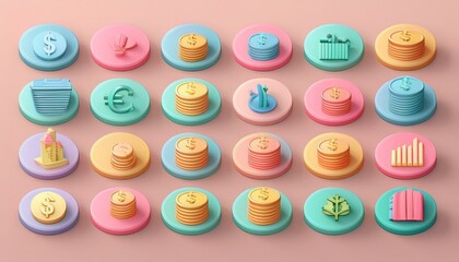 3d pastel economy icon set