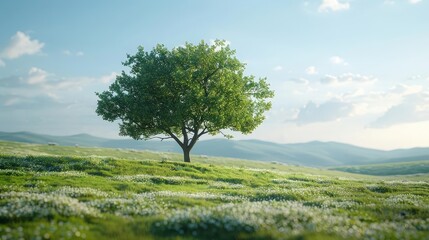 Obraz premium spring day, single tree in a field, vibrant green grass, photorealistic rendering, natural beauty