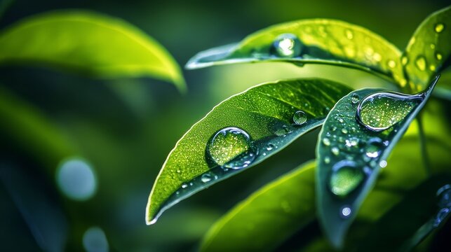 Vibrant greenery serves as a backdrop for glistening water droplets, suspended in mid-air.
