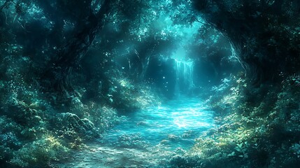 Fototapeta premium Enchanting Forest Path with Glowing Waterfall and Stream.