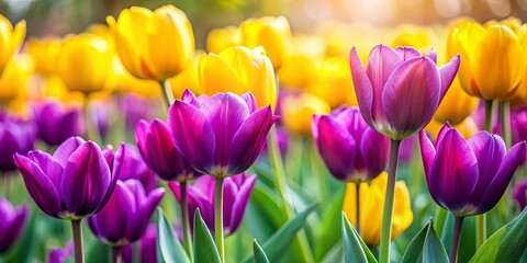Obraz premium Close up vibrant image of purple and yellow tulips in a botanical garden during spring
