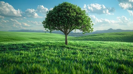 Obraz premium spring day, single tree in a field, vibrant green grass, photorealistic rendering, natural beauty