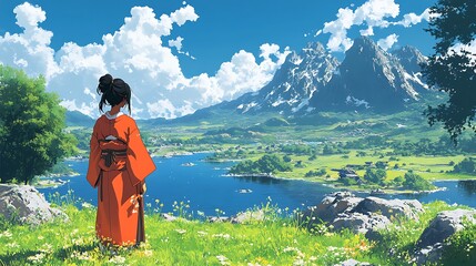 Woman in Red Kimono Admires Mountainous Landscape.