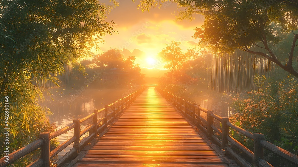 Canvas Prints Wooden Bridge Leading to Golden Sunset in a Tranquil Forest.