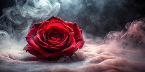 Captivating crimson rose surrounded by swirling mist, perfect for romantic and mysterious concepts in a dimly lit setting