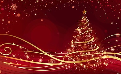 A red background featuring an illuminated tree made of stars and glitter on one side