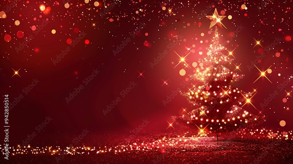 Wall mural a red background featuring an illuminated tree made of stars and glitter on one side