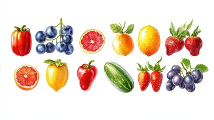 Naklejka premium Various type of fruits and mix fruit isolated on white background,Ripe fruit and vegetables,healthy food,Include fresh organic vegetables basket on wooden floor with copy space still life.