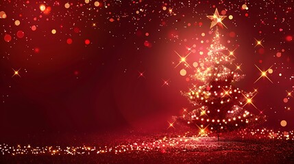 A red background featuring an illuminated tree made of stars and glitter on one side