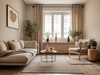 Modern Living Room Interior with Beige Sofa, Armchair, and Wooden Elements