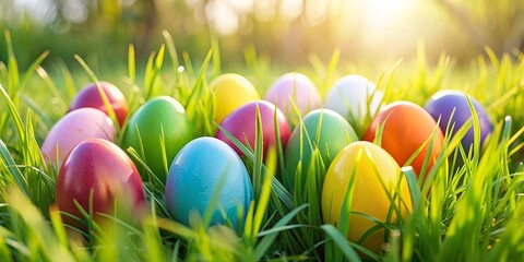 Colorful Easter eggs hidden in a lush grass field perfect for a spring hunt or festive decorations