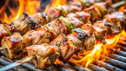 Close up of pork kebabs cooking over an open flame on a BBQ grill outdoors