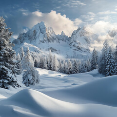Fototapeta premium Snow-covered forest among the mountains 